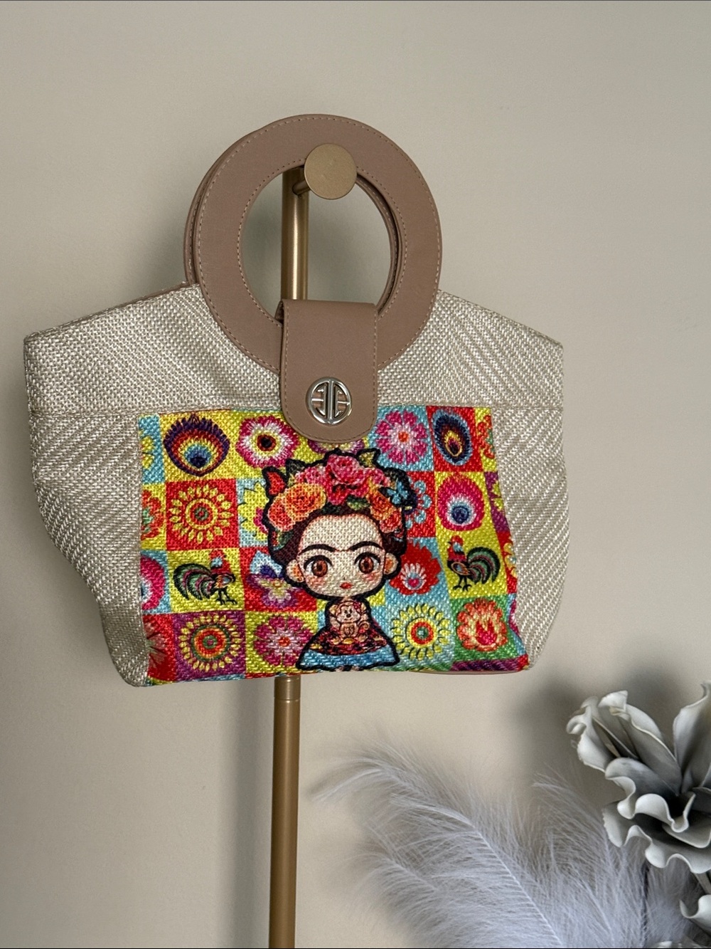 Frida-Inspired Woven Tote Bag in Beige and Multicolor